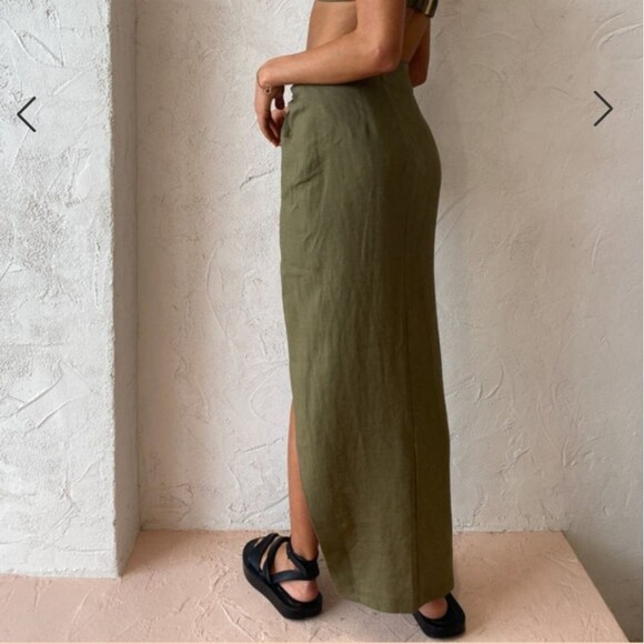 Rumer The Label olive green Byron ring asymmetrical front hem linen maxi skirt - Picture 3 of 12